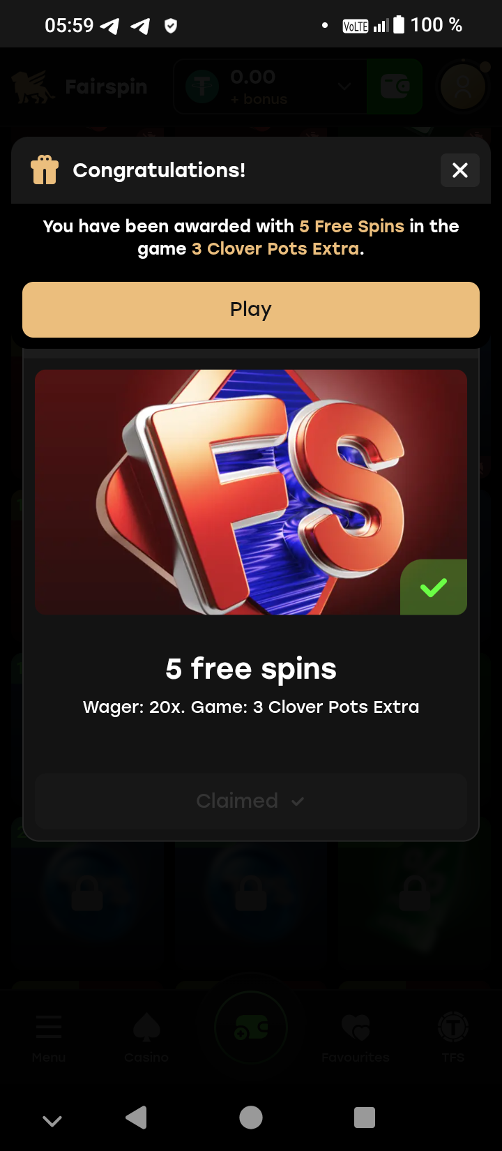 Betico ежедневный календарь 5 фриспинов,выигрыш 0